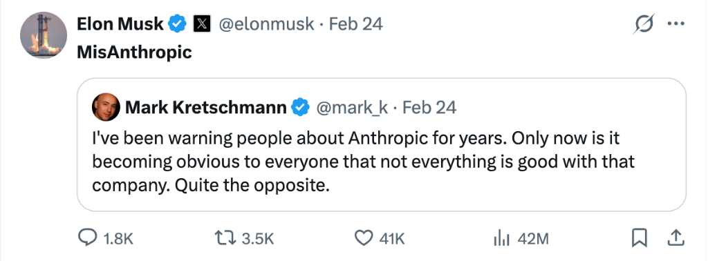 Elon Musk 24 Feb 2026 MisAnthropic tweet