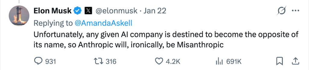 Elon Musk 22 Jan 2026 tweet