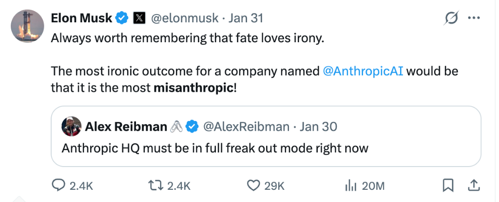 Elon Musk 31 Jan 2026 fate loves irony tweet